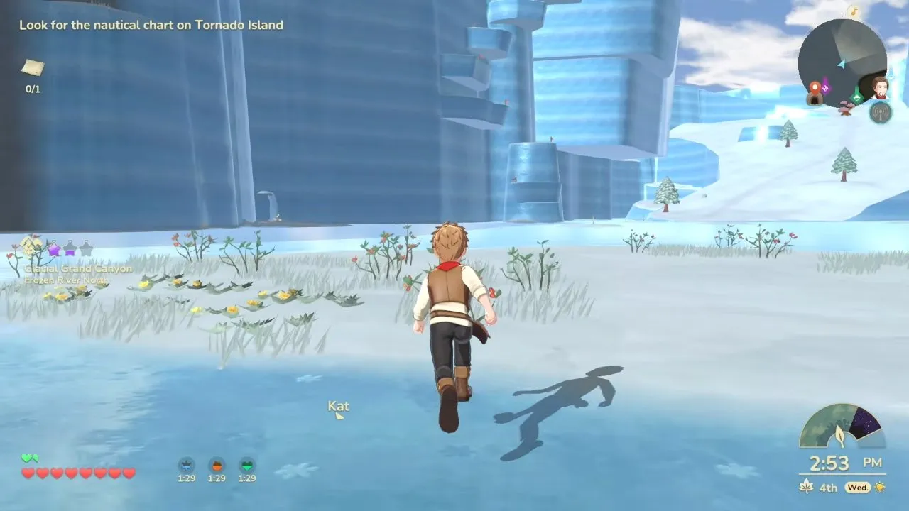 Harvest Moon: Echoes of Teradea animals, player crossing an icy area with Kat's name marker and timed status icons above the health display