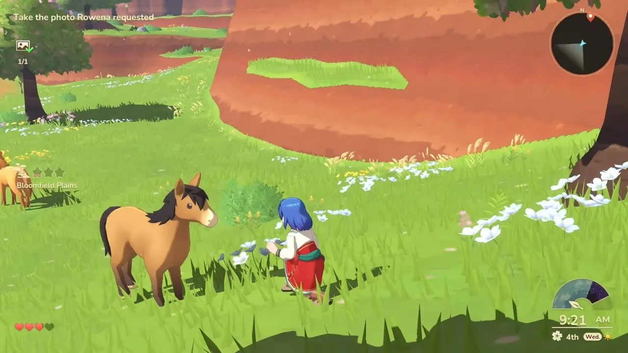 Harvest Moon: Echoes of Teradea animals, player crouching beside a tan horse in the grass