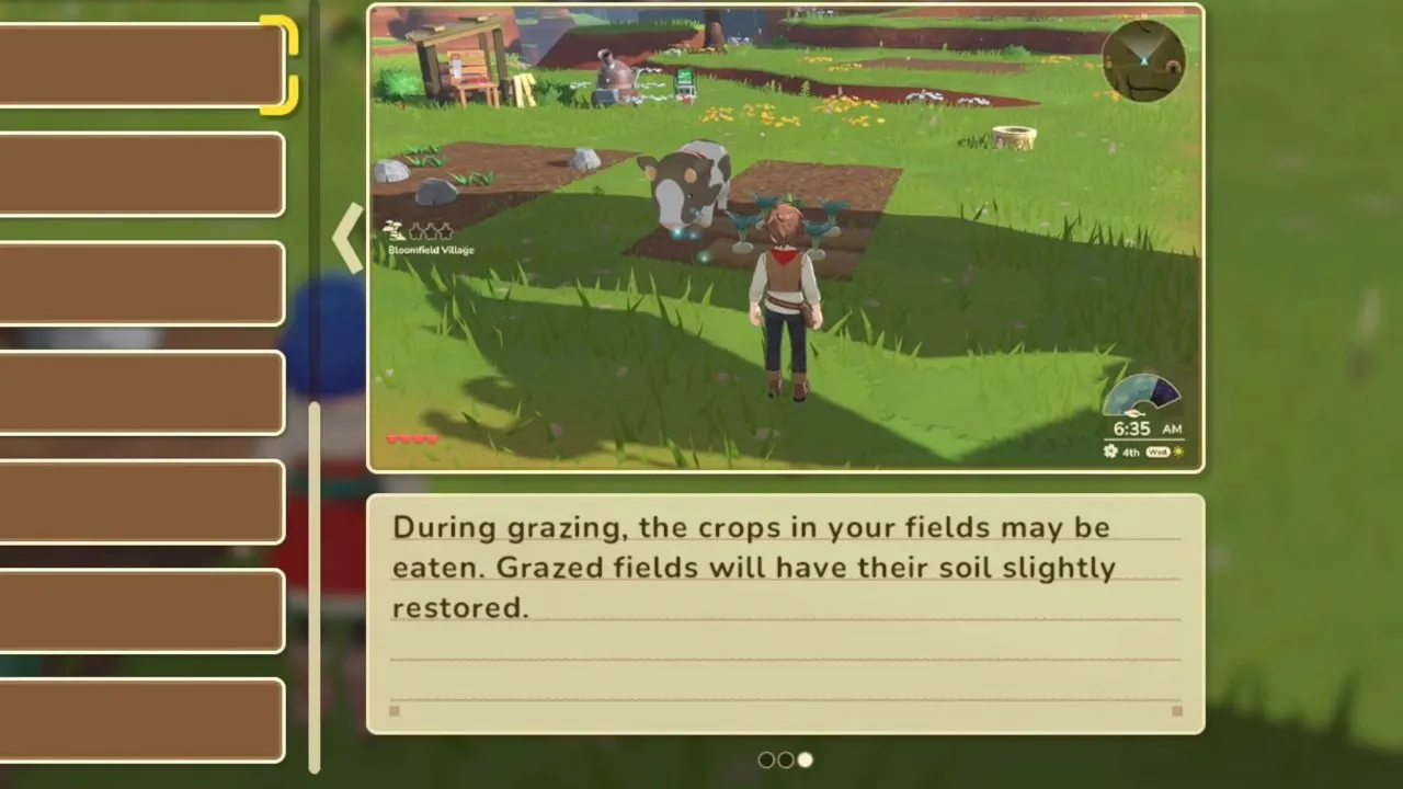 Harvest Moon: Echoes of Teradea animals, grazing tutorial with a cow standing in a crop field