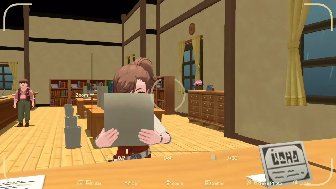 Harvest Moon®: Echoes of Teradea characters and marriage: Carol holds an open book in a library in camera mode