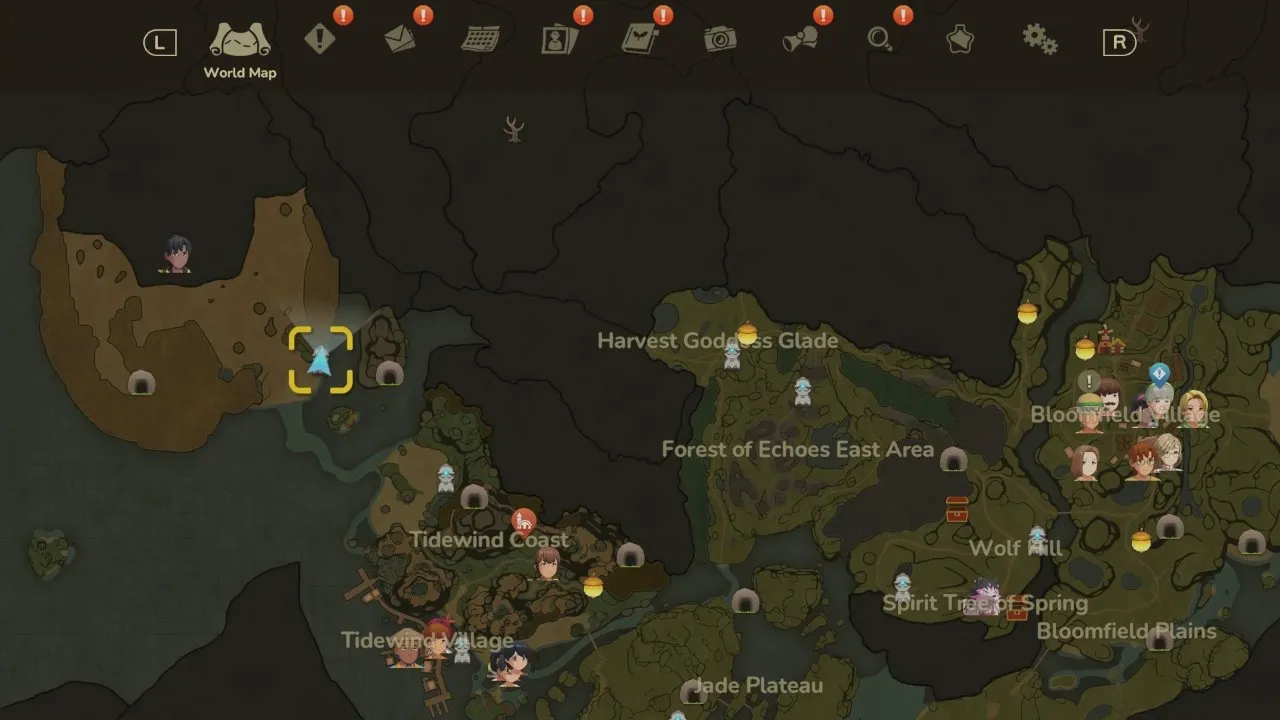 Harvest Moon: Echoes of Teradea map, zoomed-in map labelled Wolf Hill, Spirit Tree of Spring, Harvest Goddess Glade, Tidewind Coast, Tidewind Village and Jade Plateau