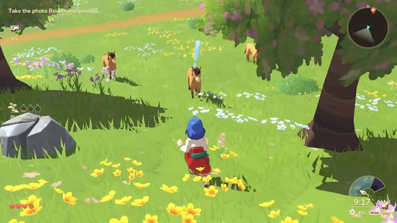 Harvest Moon®: Echoes of Teradea beginner tips crouching character facing a horse with a blue exclamation mark
