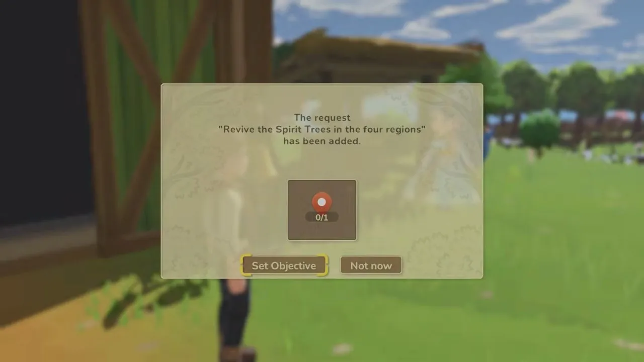 Harvest Moon: Echoes of Teradea walkthrough, the request "Revive the Spirit Trees in the four regions" appears with a Set Objective button