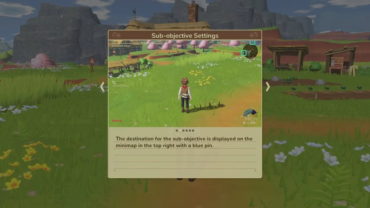 Harvest Moon: Echoes of Teradea walkthrough, Sub-objective Settings screen explaining the blue pin on the minimap